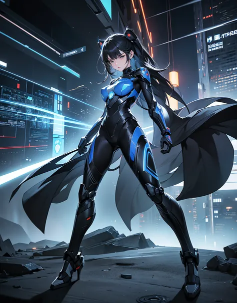 "E-piece in a maximum resolution of 16K, with the comic-book style, capturing the essence of a cyber attack. | A powerful mecha woman, imposing and heroic, assumes the pose centered on the image, radiating strength and determination. Her eyes shine with th...