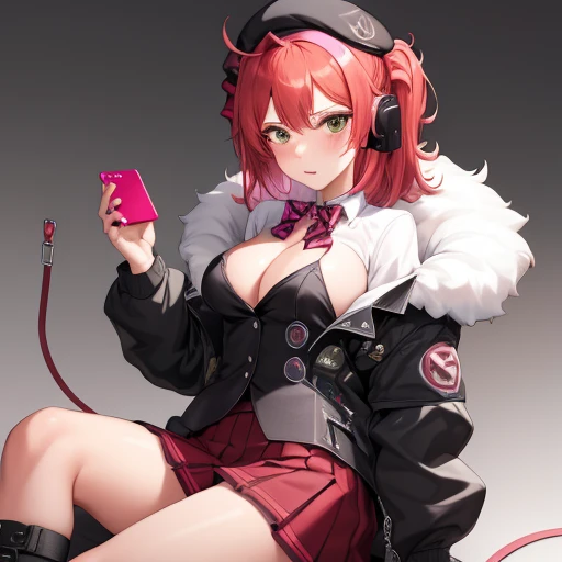 (tmasterpiece, Best quality at best:1.2),illustratio,8K,k hd,城市,1个Giant Breast Girl,own,cow boy shot,mp7 (Girl Front),medium,ahoge,beret,Be red in the face,has cleavage,Medium hair,cropped shoulders,side ponytails,yellow-eyed,jaket,redheadwear,fur-trim,boo...