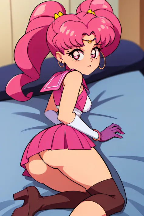 Obra maestra, La mejor calidad, absurdos, antomy perfecto, 1girl, solamente, SMMoon, 1990s (estilo), Sailor Chibi Luna Cabello Rosa, pupilas rosadas ojos, Uniforme Sailor Senshi, Magical Girl, ojos rosados, falda rosa, Guantes hasta el codo, tiara, falda p...