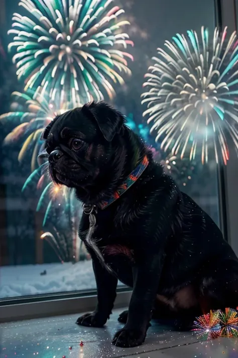 black pug dog, captivating, snow day, ((Beautiful fireworks outside the window，Big and colorful fireworks，colorfully))