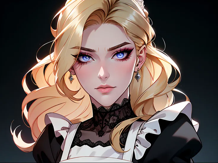 Shoujo style, Aesthetic background, Romance Manhwa, 1girl, blonde woman, hairlong, Bangans close one eye)), eyes with blue color, irritable, grimalkin, bags under eyes, Russian, grimalkin, housemaid, Black dress with white trim, with a full skirt knee-leng...