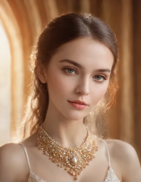 European heavenly Beautiful Russian woman, highly detailed face, pattern of colored stones and golden pearls portrait of a girl, pearl necklace, filigree, mother of pearl, hyper-detailed, veil, radiant, captivating, looking to the viewer, enchanting, refle...