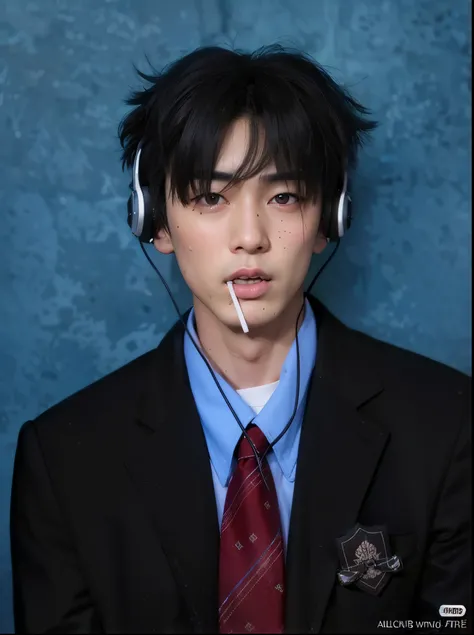 arafed asian man with headphones and a cigarette in his mouth, Kim Doyoung, Yanjun Chengt, Cai Xukun, inspirado por Yanjun Cheng, Jinyoung Shin, Blade de Drain Gang, handsome japanese demon boy, Ulzzang masculino, Aesthetics of Jinyoung Shin, Taejune Kim, ...