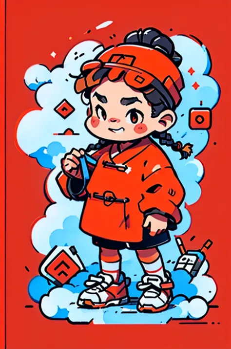 Game character design，(((Minimalism)))，(((Vector illustration style)))，(1 chubby child，Wearing the legendary Chinese New Year red costume，Wearing an auspicious gemstone headdresuwa#39;s facial expression  cute and enthusiastic，The eyes are shining，The corn...