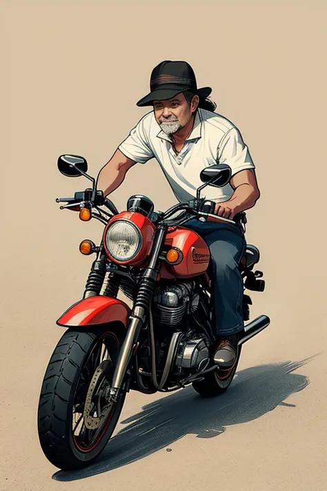 Best quality 8k，Sketch drawing、colorized pencil，Middle aged Asian man riding Harley motorcycle，Locomotive driver