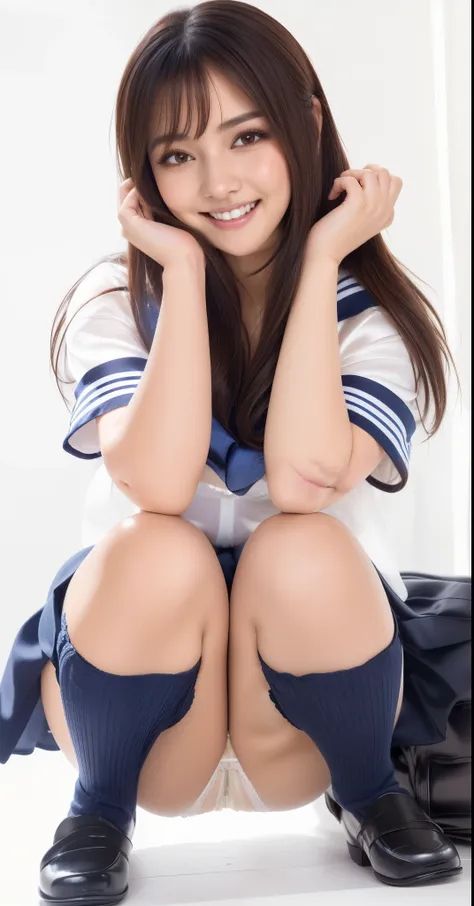 (big smile:1.3),(happy smile:1.3),(sexy panties:1.3),(white panties:1.2),(realistic silk panties:1.3), (Big eyes:1.2),(double eyelids:1.3),(long eyelashes:1.3),Japanese school uniform,(Looking directly at Viewer:1.3),32K, masterpiece, Raw photo, Best Quali...