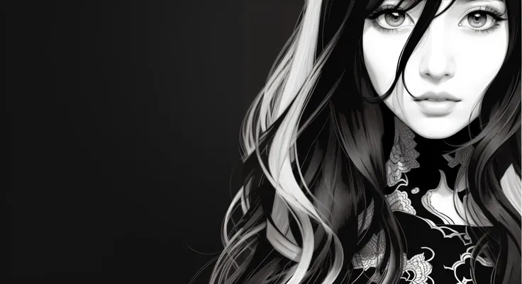 close up of woman with long hair and black and white photo, black & White Vector Graphics, gorgeous digital art, highly detailed vector art, detailed portrait of anime girl, Black and white manga style, beautiful gorgeous digital art, exquisite digital ill...