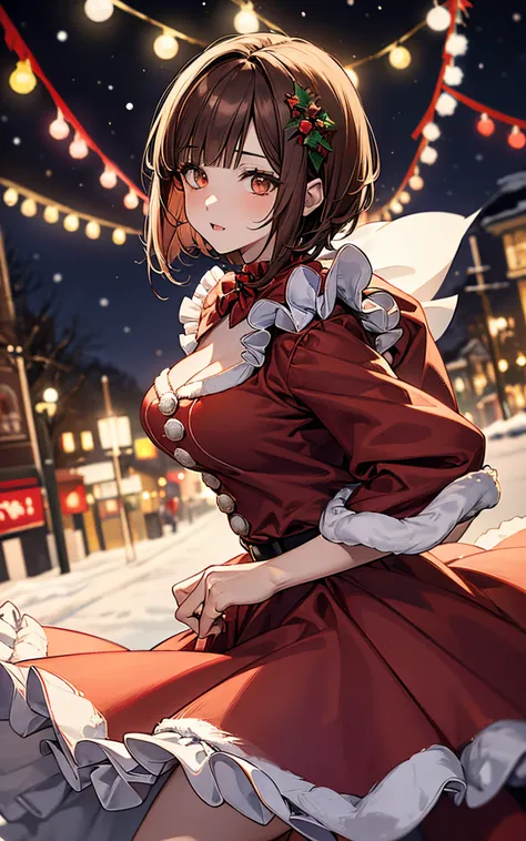 Perfect human body、christmas night、(((He wore a Santa suit decorated with lots of frills.)))、A beautiful woman landed on a snowy street、long  skirt、brown hair bob cut、hair adornments、Breasts are big