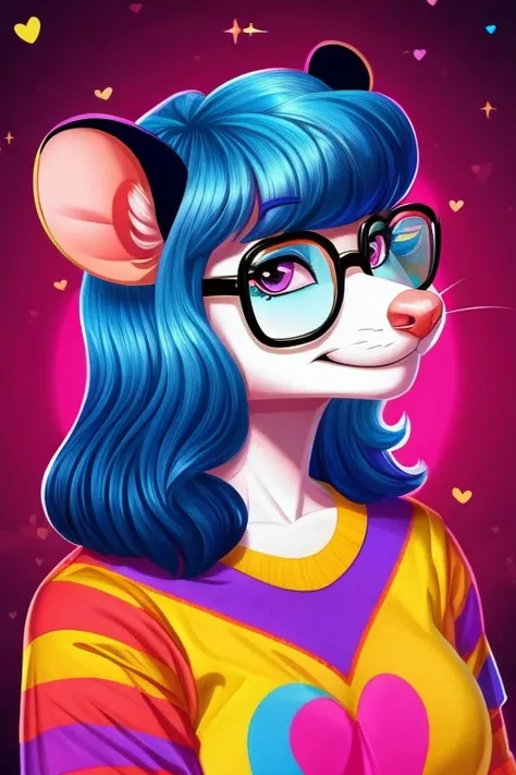 female black anthropomorphic possum with blue mullet and heart-shaped glasses, lisa frank vibes