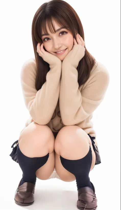 (big smile:1.3),(happy smile:1.3),(sexy panties:1.3),(white panties:1.2),(realistic silk panties:1.3), (Big eyes:1.2),(double eyelids:1.3),(long eyelashes:1.3),Japanese school uniform,(Looking directly at Viewer:1.3),32K, masterpiece, Raw photo, Best Quali...