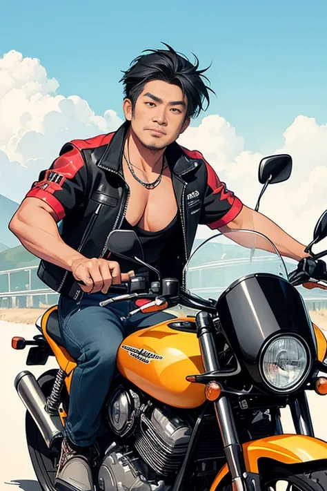 Best quality 8k，Sketch drawing、colorized pencil，Middle aged Asian man riding Harley motorcycle，Locomotive driver，Looking up，closeup cleavage，Punk background，bright。short sleeve motorcycle jacket