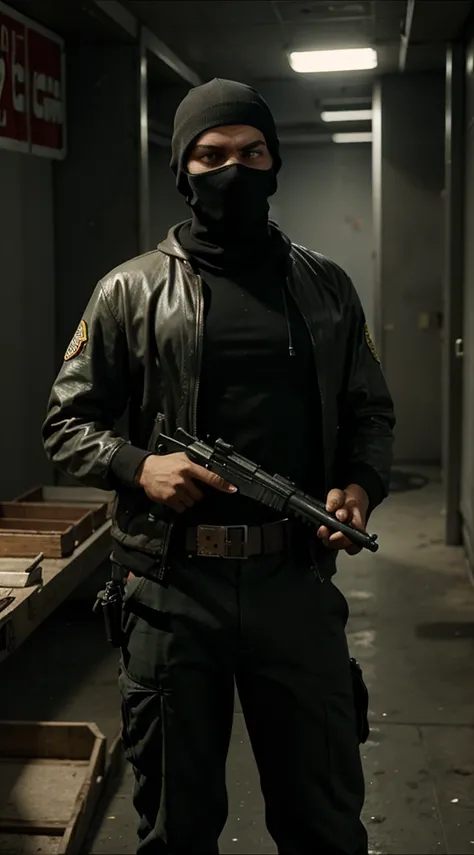 Create a gta v character from an illegal organization wearing a balaclava and pointing a rifle