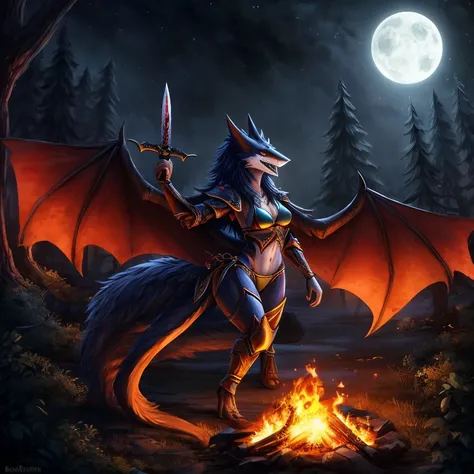 female, dark blue sergal, short, small breasts, thin body, bikini lewd armor, wings spread, demonic, succubus, holding sword, , fighting war, burning forest, , night, masterpiece, fantasy, high quality,