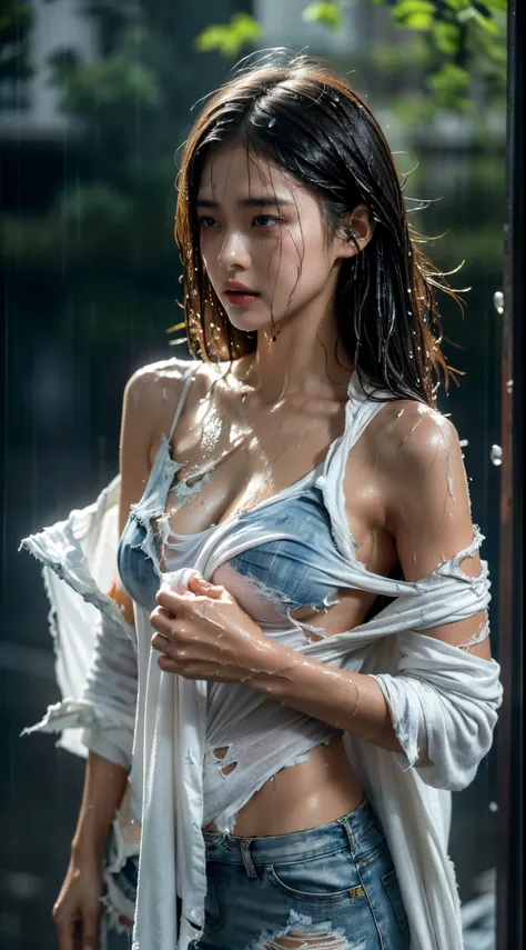 Best picture quality, masterpiece, ultra high resolution, (fidelity :1.4), photo, 1 girl,[(sadness)],white shirt, Dim, dark, desperate, pitying, pitiful, cinematic,tear,teardrop,(Torn clothes:1.5), (Wet clothes:1.4), bare shoulders,Real rain,wet hair,..