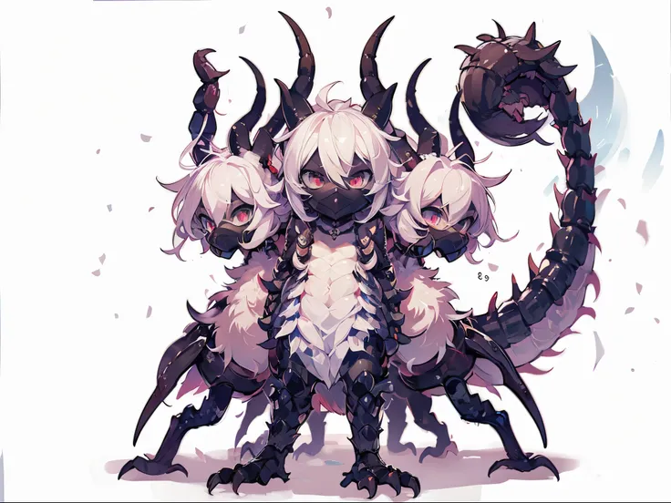 azdahaku. female dragon. scorpion element. meskemo. black exoskeleton. three-head. compound. anime style.