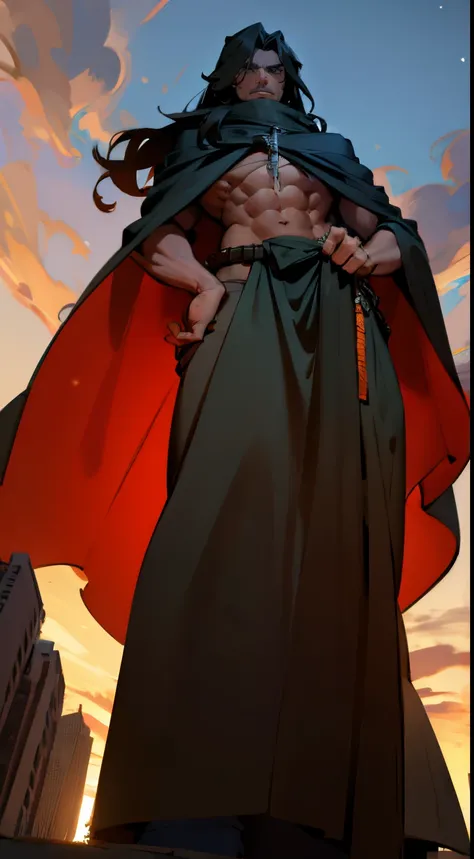 Man, long hair, abs, cloak, towering over city, giant, ((from below))