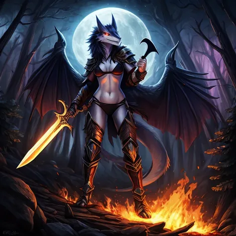 female, dark blue sergal, short, small horns, glowing eyes, small breasts, thin body, bikini armor, wings spread, demonic, succubus, holding burning sword, , fighting war, burning forest, , night, masterpiece, fantasy, high quality,