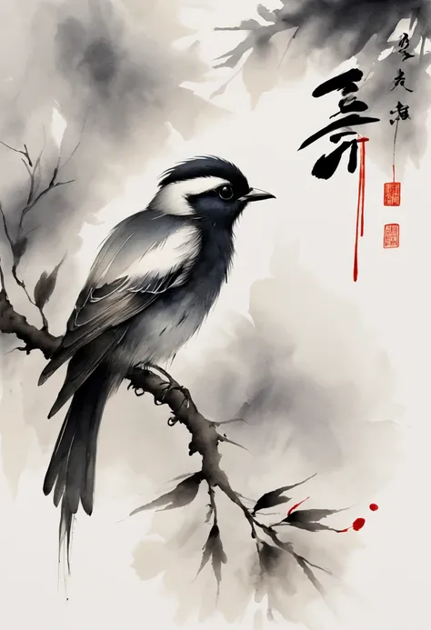 (best quality,highres,masterpiece:1.2),ultra-detailed,ink painting,Chinese style,bird on a branch,loose brushstrokes, composition,subtle textures,elegant simplicity,dynamic ink flow,expressive ink marks,black and white,eye-catching,fine details,zen-like,tr...