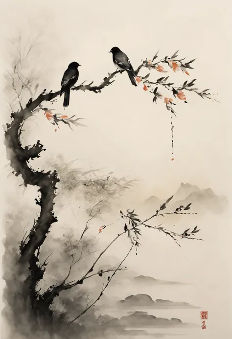 (best quality,highres,masterpiece:1.2),ultra-detailed,ink painting,Chinese style,bird on a branch,loose brushstrokes, composition,subtle textures,elegant simplicity,dynamic ink flow,expressive ink marks,black and white,eye-catching,fine details,zen-like,tr...