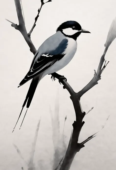 (best quality,highres,masterpiece:1.2),ultra-detailed,ink painting,Chinese style,bird on a branch,loose brushstrokes, composition,subtle textures,elegant simplicity,dynamic ink flow,expressive ink marks,black and white,eye-catching,fine details,zen-like,tr...