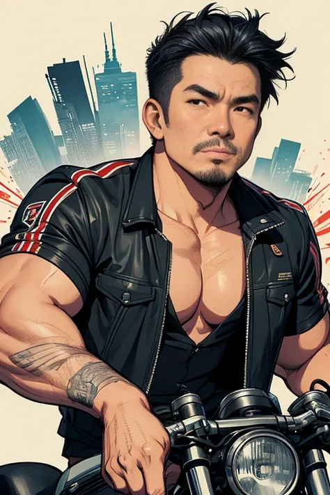 Best quality 8k，Sketch drawing、colorized pencil，Middle aged Asian man riding Harley motorcycle，Locomotive driver，Upward view，closeup cleavage，block，graffitti background，bright。short sleeve motorcycle jacket，American motorcycle，violence，Mongolian Gang，Short...