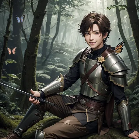 Young anime man, smiling, forest, bow weapon,  brown hair, gray eyes, happy, light armour, butterflies, mythical, mysterious, dark forest, sitting, butterfly on shoulder, earrings