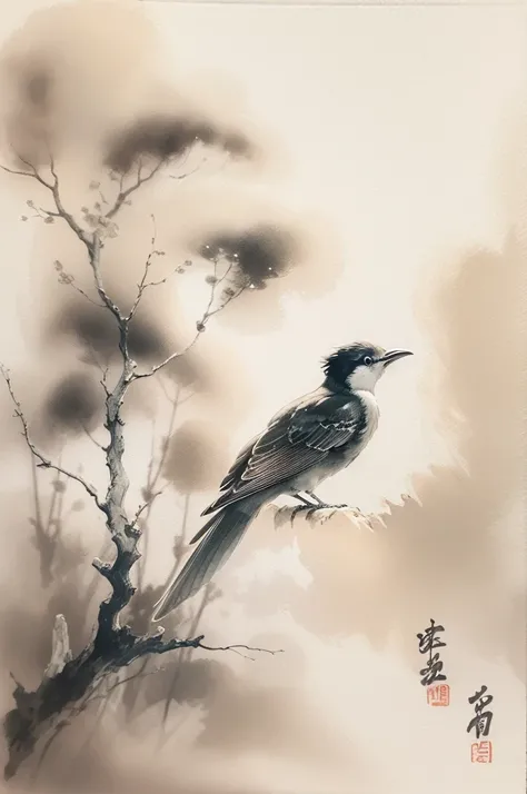 (best quality,highres,masterpiece:1.2),ultra-detailed,ink painting,Chinese style,bird on a branch,loose brushstrokes, composition,subtle textures,elegant simplicity,dynamic ink flow,expressive ink marks,black and white,eye-catching,fine details,zen-like,tr...