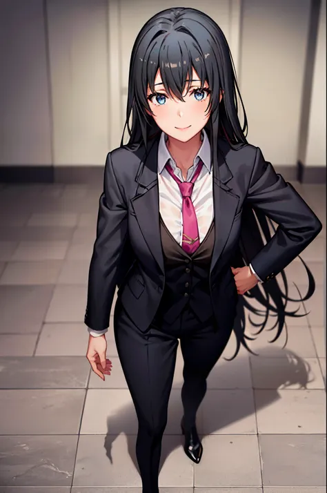 1GIRL , Yukinoshita yukino ,woman in suit tuxedo tailcoat standing in a large alcove in the room, 1girl, solo, necktie, black hair, blue eyes, long hair, smile, jacket, looking at viewer, Full body