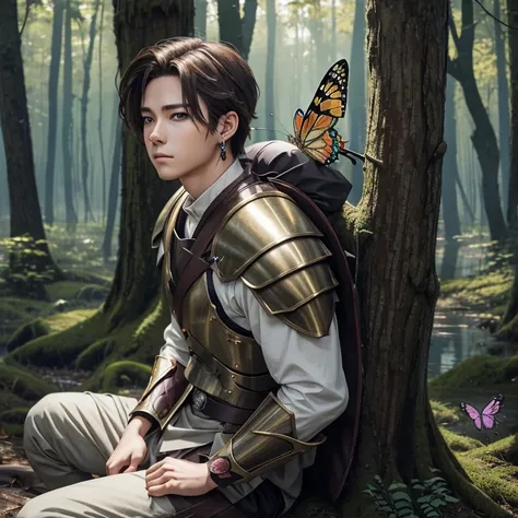 Young anime man, forest, bow weapon,  brown hair, gray eyes, happy, light armour, butterflies, mythical, mysterious, dark forest, sitting, butterfly on shoulder, earrings, lake i.