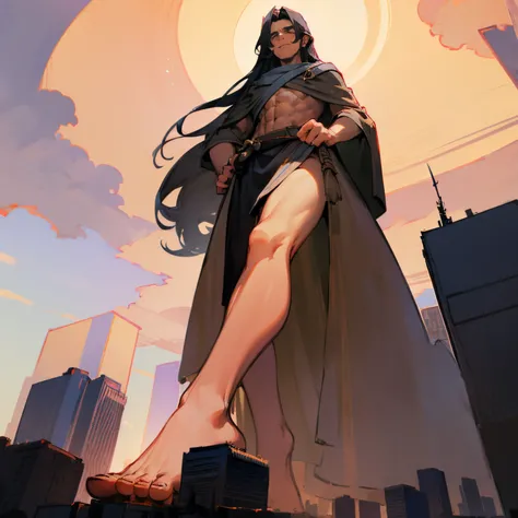 Man, long hair, abs, cloak, towering over city, giant, ((from below)), barefoot