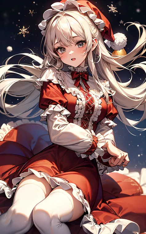 The theme is white、Perfect human body、christmas night、(((He was wearing a Santa suit with lots of frills..、victorian santa costume)))、A beautiful woman landed in a snowy town、long  skirt、hair adornments、kirakira、Let&#39;s sing hymns loudly on this holy nig...