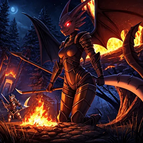 female, dark blue kobold, short, small horns, glowing eyes, small breasts, thin body, metal plate armor, wings spread, demonic, succubus, holding burning axe, , fighting war, burning trees, , night, masterpiece, fantasy, high quality,