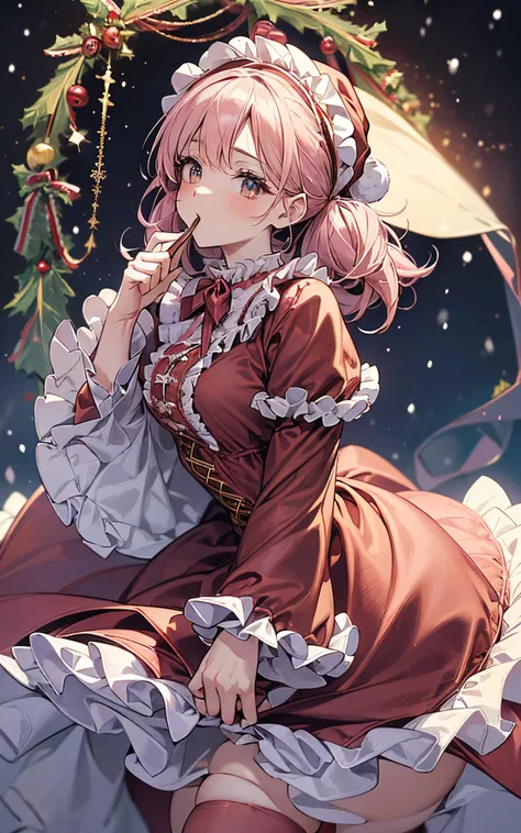 The theme is pink、Clothes are pink、Perfect human body、christmas night、(((He was wearing a Santa suit with lots of frills..、victorian santa costume)))、A beautiful woman landed in a snowy town、long  skirt、hair adornments、kirakira、Let&#39;s sing hymns loudly ...