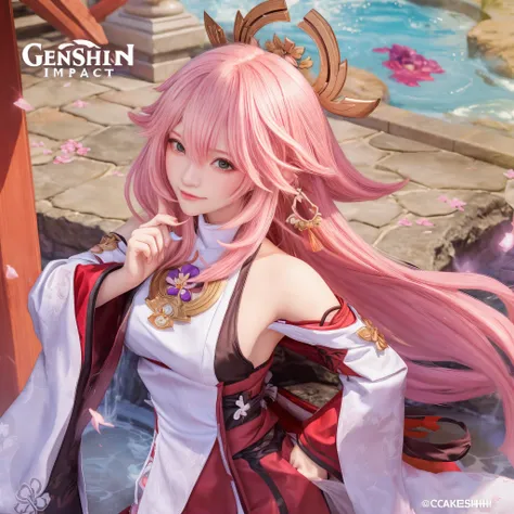 anime girl with pink hair and a white dress standing in front of a fountain, yae miko from genshin impact, yae mikogenshin impact, cushart krenz key art feminine, yae mikofrom genshin impact, yae mikogame genshin impact, genshin impact character, genshin i...