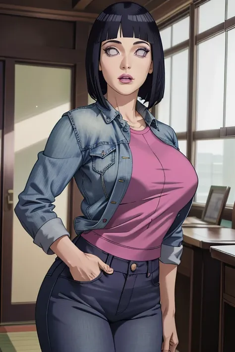 master part, absurdos, Hinata(Boruto), 1woman, sozinho,Mature female, university professor formal wear, Denim Jeans Pants, ), perfect composition, Detailed lips, peito grande, beautiful face, body propotion, corar, (pink lips), cabelos longos,  Purple eyes...