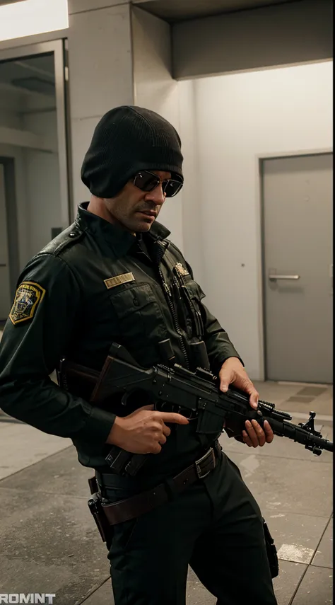 Crie um personagem policial gta v e apontando um rifle