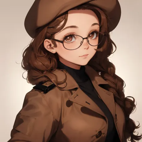 a pregirl，Wearing round-rimmed glassearoon curly hair，With two braids，Wearing a brown berets，Wearing a brown trench coat，closeup of face