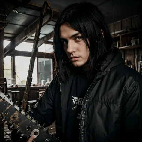 dark hair dark eyes emo male holding chainsaw, creepy, horror, scary