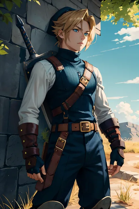 wide full-length shot, action pose, Cole has dirty blonde hair styled with some spikes neat but defiant, His eyes glow blue-green, one eye brighter than the other to show some ancient magic within, He wears a dark green tunic lined with silver plates like ...