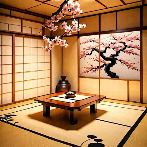 (((Minimalism with intricate and detailed photorealistic painting:1.3))), Ceiling swirls and pulsating lighting,  Kotatsu in the center, cute little cherry blossom bonsai, In the corner, A room surrounded by the quiet beauty of a minimalist Japanese house,