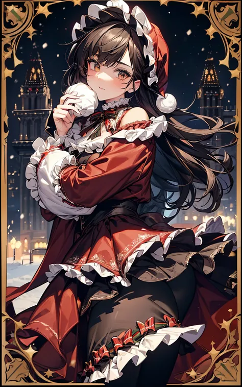 The theme is black、Clothes are black、Perfect human body、christmas night、(((He wore a Santa suit decorated with lots of frills.、victorian santa outfit)))、a beautiful woman、dancing in the snowy city、long  skirt、hair adornments、kirakira、tights、Crowds