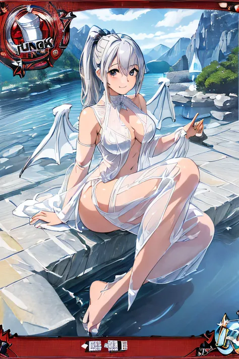 (Trading Card Game Frames:1.7),(Lake in the mountains:1.3),(Sheer and revealing white fluffy outfit:1.3, ),(Angel with glass wings floating on lake:1.3), (Glass Dragon Behind:1.3),Shiny Silver Shorthair,disheveled ponytail,Cute smile,Perfect round face,Bla...