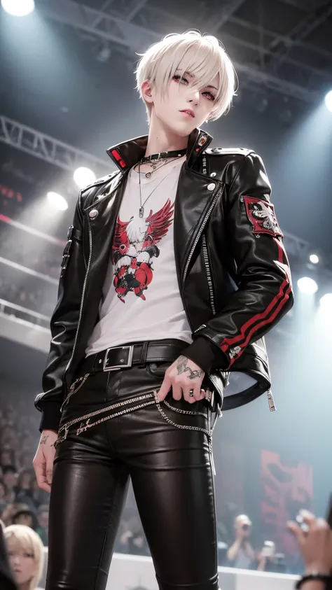 8k, high resolution, masterpiece, illustration, extreme detail, one male, adult, white short hair, red eyes, visual kei, punk, eyeliner, mascara, emo, grunge, jacket, shirt, pants, crowd, concert, stage, stadium, night, smokes