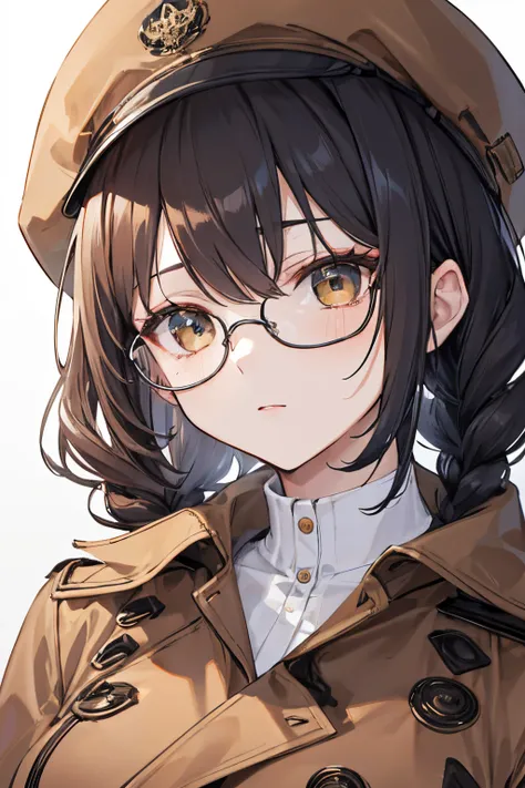 a pregirl，Wearing round-rimmed glassearoon curly hair，With two braids，Wearing a brown berets，Wearing a brown trench coat，closeup of face