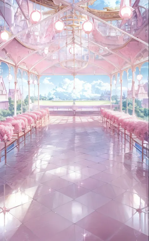 Anime style pink room image，Complete with benches and ceiling, Anime background art, Fantastical Atmosphere, Anime beautiful peaceful scene, Beautiful aesthetic design, dreamy aesthetic, dreamy and detailed, anime backgrounds, bubble landscape, animeaesthe...