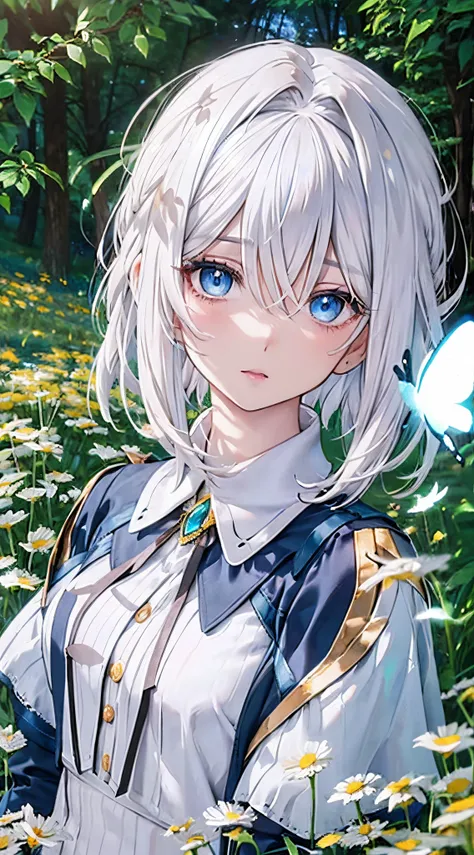 1 girl, white haired girl, messy hair, short hair, detailed face, detailed eyes, blue eyes, long blue shirt, chamomile fields un...