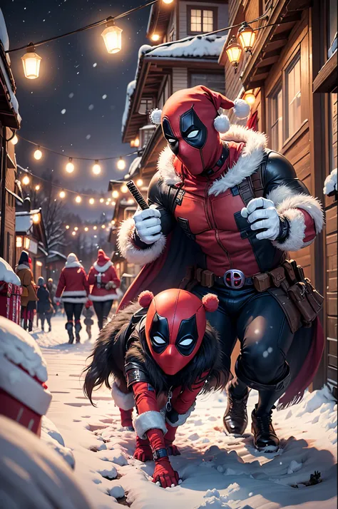 Masterpiece in maximum 16K resolution, featuring the Anime CGI style that brings life to the scene. | Deadpool and Santa Claus join forces to bring hope to a small mountain village covered in a blanket of snow at night. Despite its poverty, the village com...