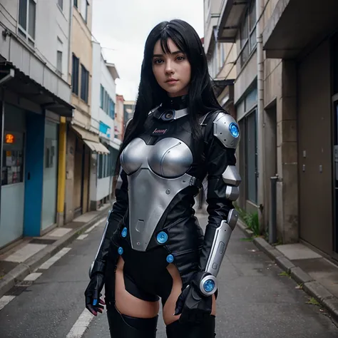 An ultra realistic anime girl with robotic outfit black hair and blue eyes standing