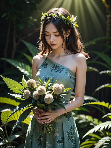 1girl, photo of marijuana, cannabis leaves, Cannabis flower bouquet, hemp print, Blurry eyes, humanoid body composed entirely of flowers and foliage, skin green and composed of intricately detailed leaves and vines, lush enchanted forest background, butter...