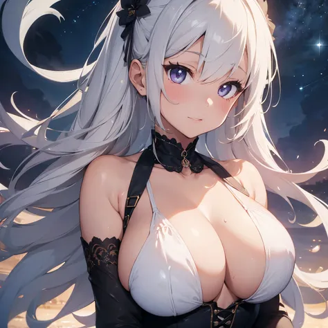 (((​masterpiece)))、((top-quality))、(The ultra-detailliert)、(CG Illustration)、(Very Beautiful Little Girl))、Cinematic Light、A Wiccan lunar goddess with white hair and a revealing dress with a huge neckline, giant and voluminous breasts, a luminous body and ...